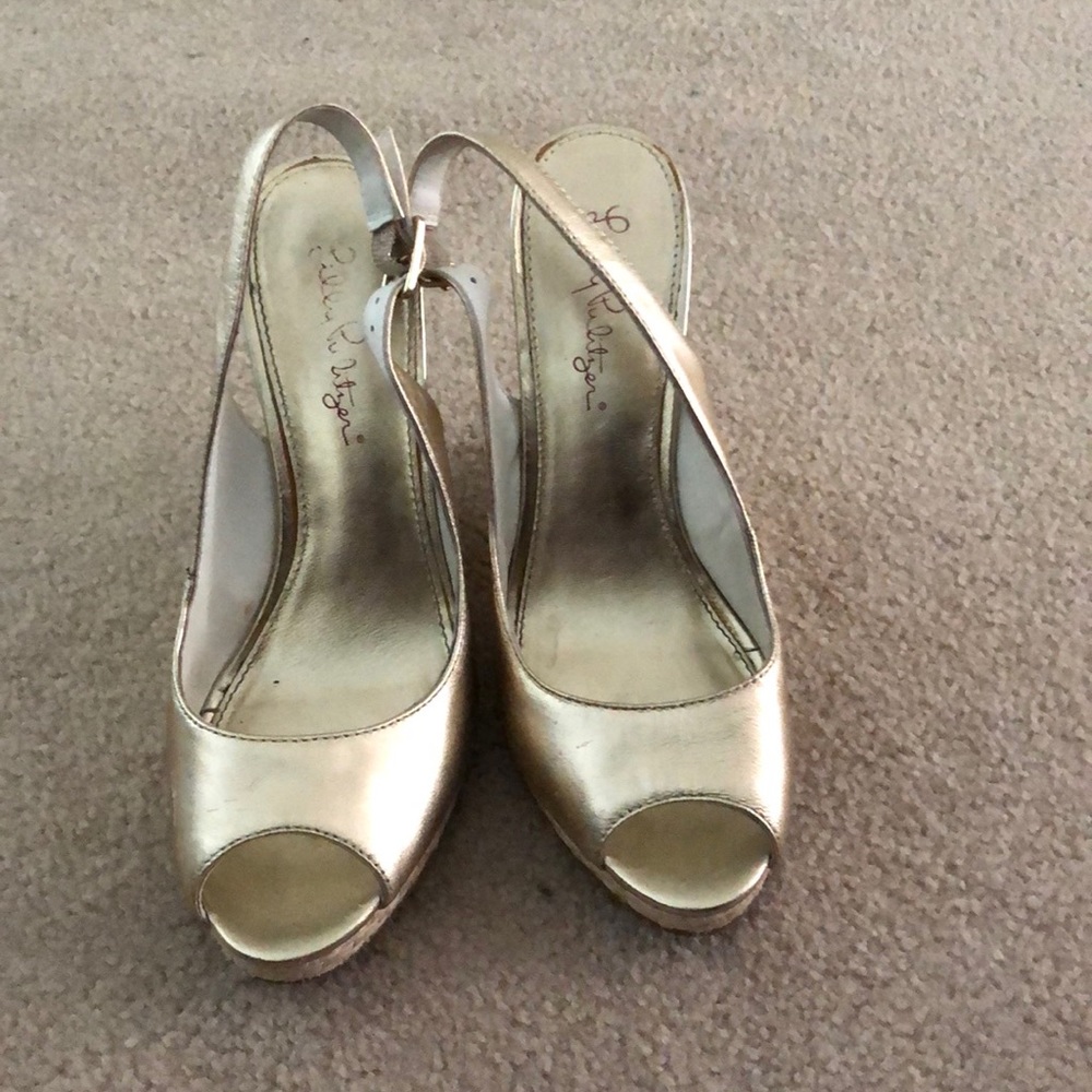 Lilly Pulitzer Gold Wedge Heels - VGUC